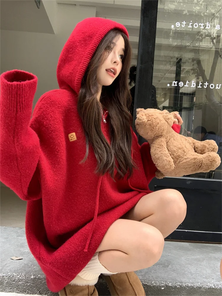 

New Year Christmas Red Hooded Sweater Thick Half Zipper Knitted Pullovers for Women Autumn Winter Loose Pure Color Knitwear