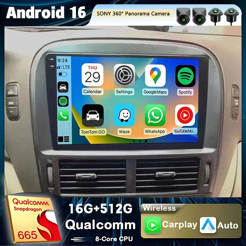 Android 16 Qualcomm For Lexus Ls430 2003 - 2006 Carplay Auto Car Radio 4G+WIFI Player Multimedia Stereo Navigation Video BT GPS