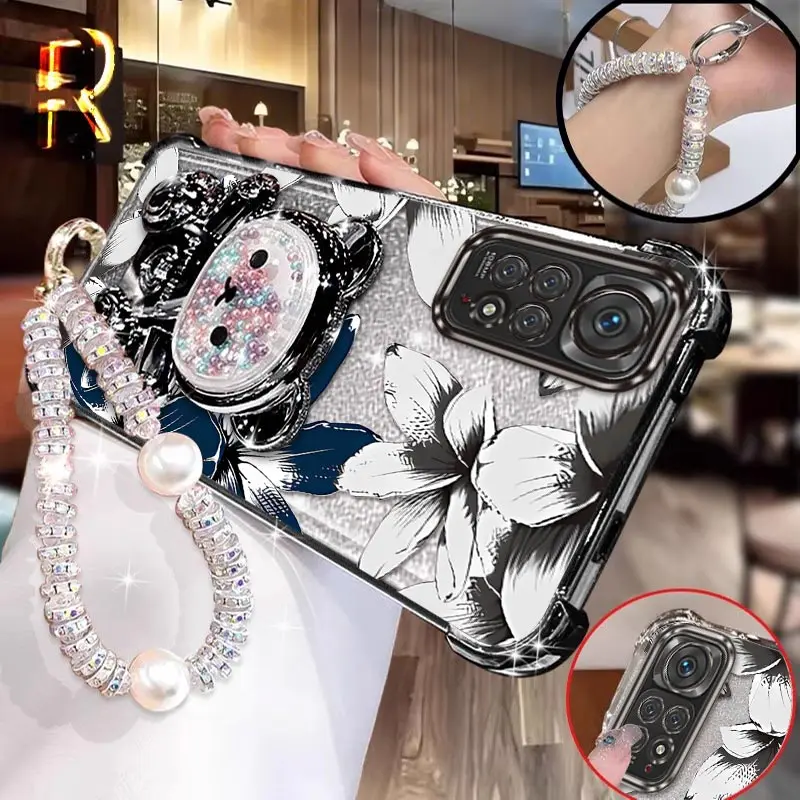 

Note 11Pro White flowers Plating Bracelet Holder Phone Case For Xiaomi Redmi Note 11 11EPro 9S 10 11S 10Pro 10T 10X 10S 9T Cover