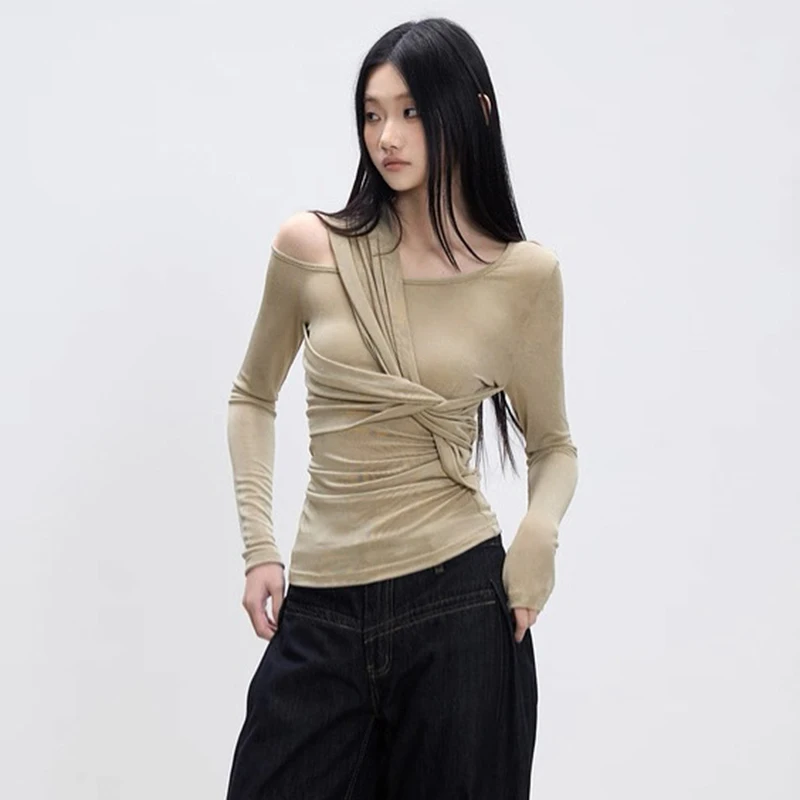 CUTENOVA خريف جديد وصول المرأة بلون الملتوية غير المتماثلة تصميم كم طويل سليم صالح علوي بسيط وأنيق عادية المحملة