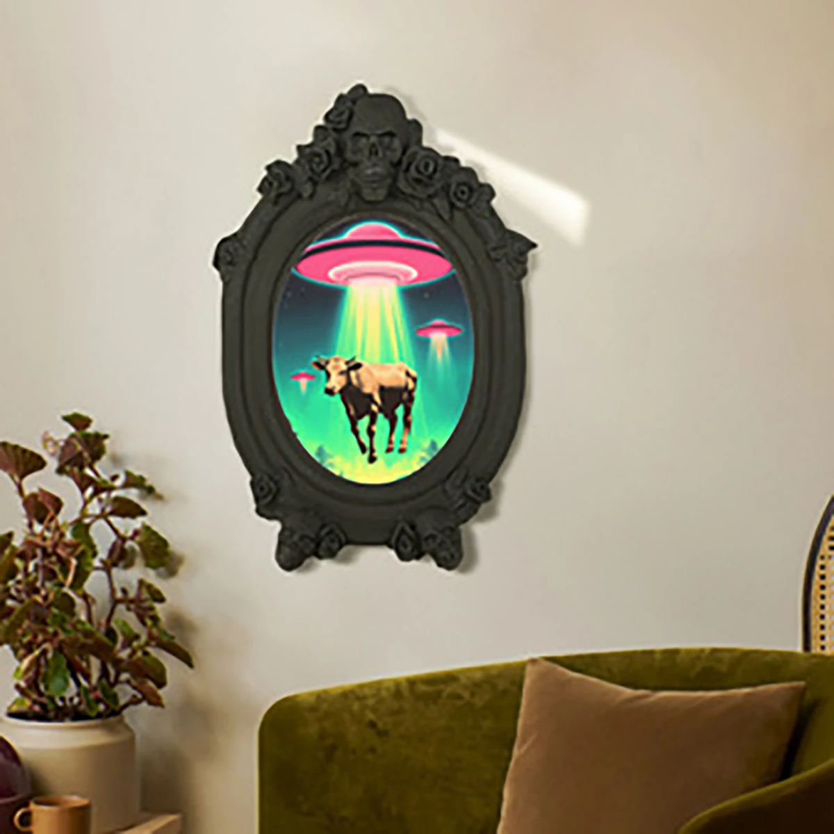 Cross-Border Dark Gothic Skull Carved UFO Cow Themed Wall Art for Retro Home Wall Decoration