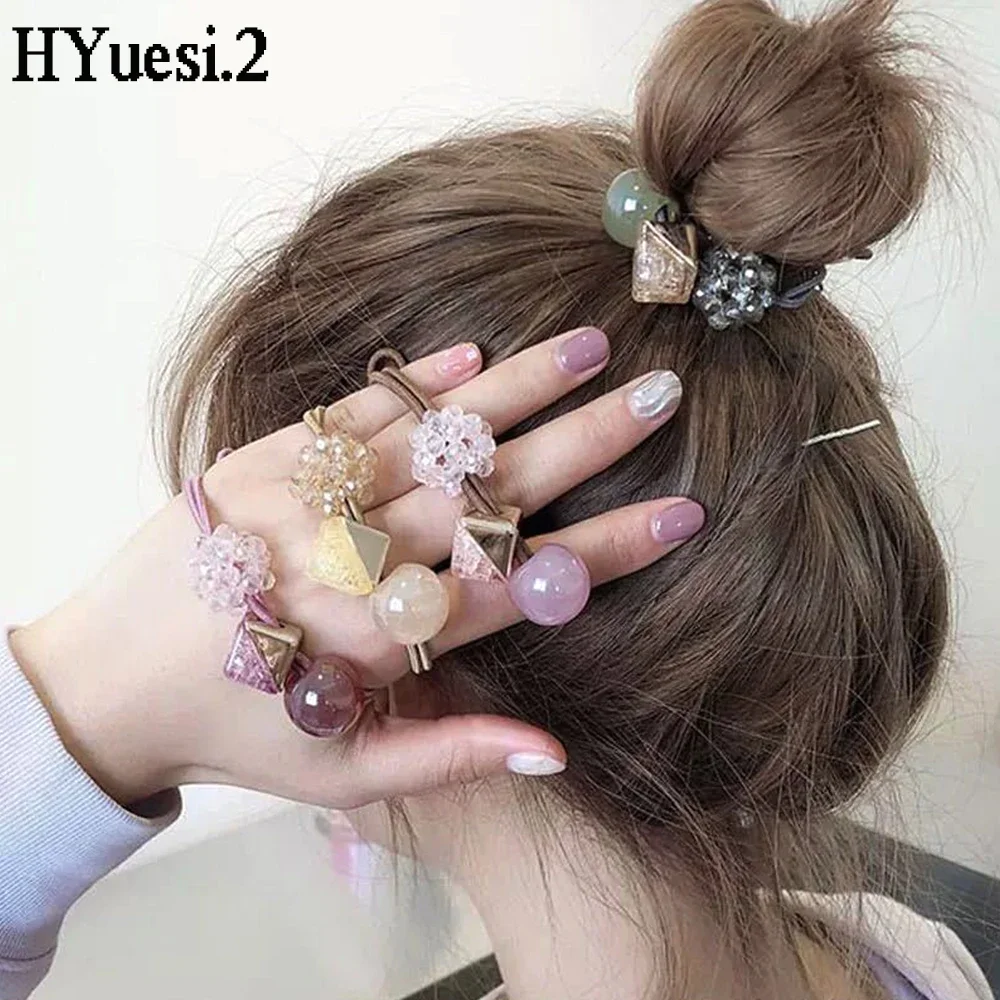 Sweet Round Crystal Beaded Hair Ties Transparent Geometric Square Charms Hair Rope Women Girls Elastic Ponytail Rubber Bands