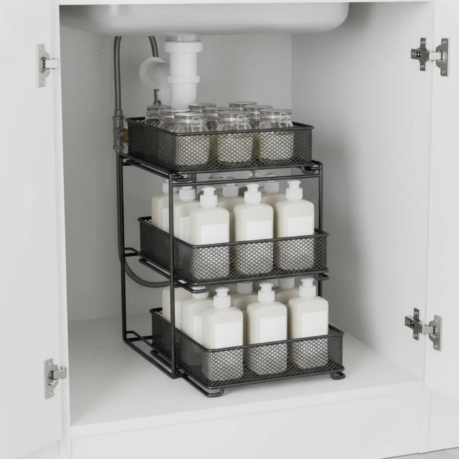 

Pull out Organizer Shelf Multi Layer Pull out Drawer Organizer Sliding Storage Drawer Sturdy Metal 3 Tier Slide Basket Stable
