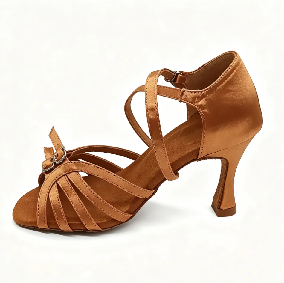 Evkoodance Practice Dance Shoes Women Brown Satin 7.3cm Heel Latin Shoes Ladies Sexy Latin Salsa Ballroom Party Dance Shoes OEM