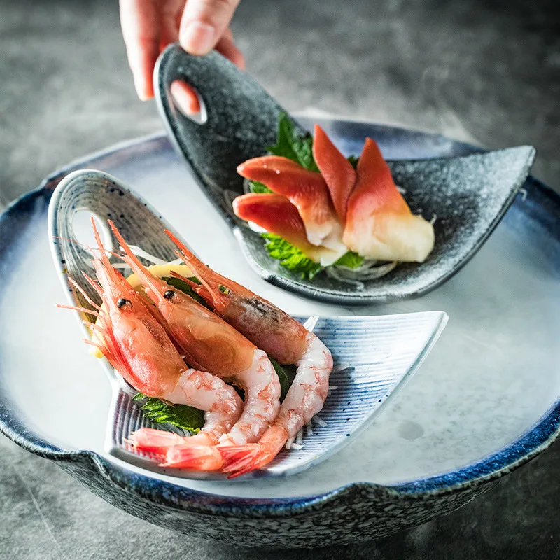 Folding Ceramic Japanese Hairline Rule Plate, Irregular Shaped, Deep Sushi Salad Bowl Plate