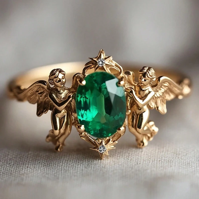 Anel feminino de anjo da guarda do amor eterno incrustado com zircônia cúbica verde, adequado para uso diário, casamento, presente de aniversário