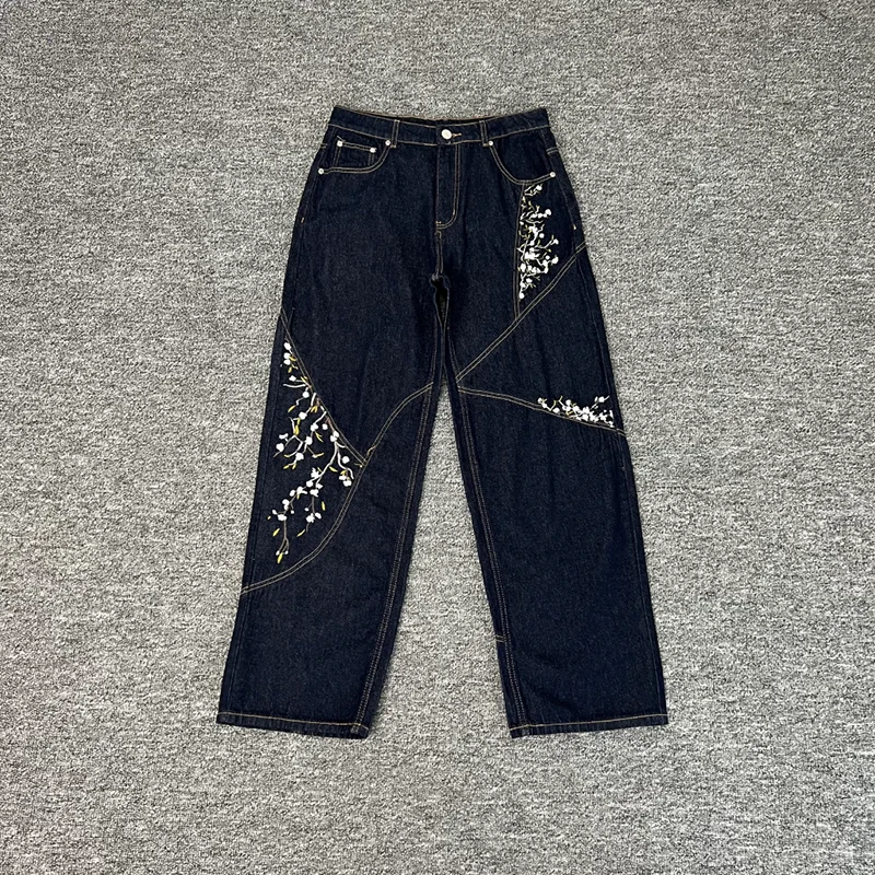 

Derschutze American Streetwear "Blossom" Raw Denim Floral Embroidery Patchwork Jeans Long Pants Men Women