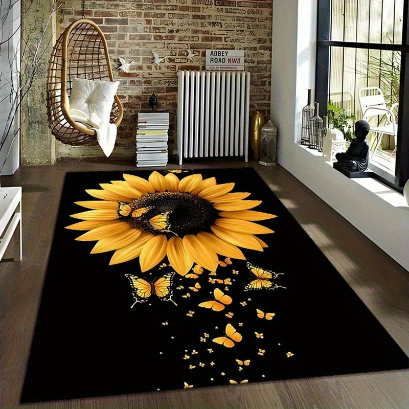 Bright Sunflower‑Butterfly Floral Area Rug, Non‑Slip Machine‑Washable for Living Room Bedroom Patio Indoor Outdoor Decor