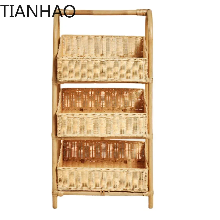 Nordic Multi-layer Organizer Shelf Natural Indonesian Rattan Display Stand Homestay Storage Rack Versatile Scene Storage Basket