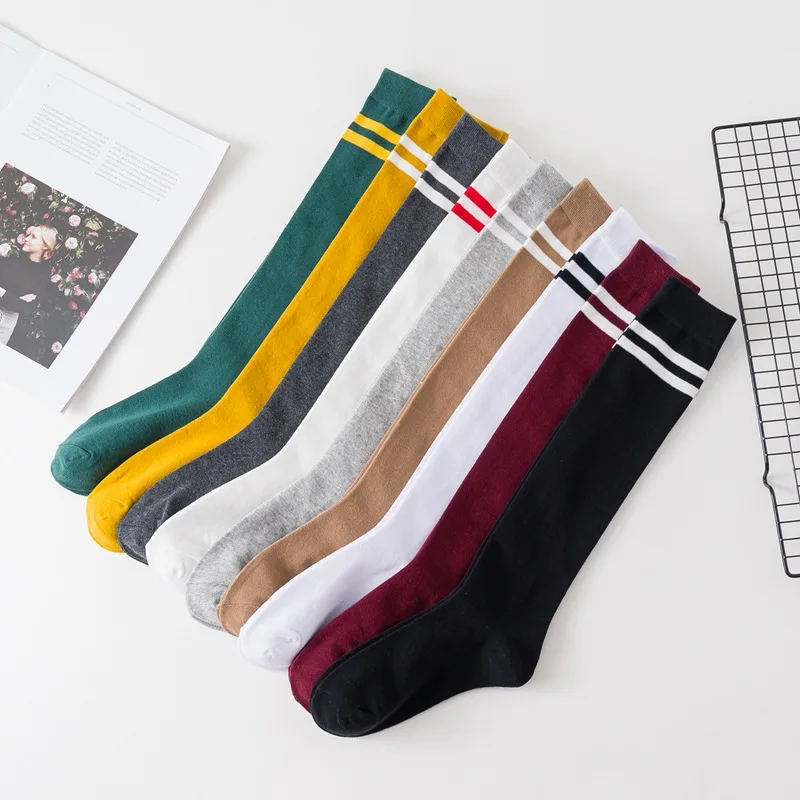 Long Knee High Socks Stockings Women Solid Colors Striped Casual Sports Warm Breathable Calf Socks Korean Fashion Japanese Style