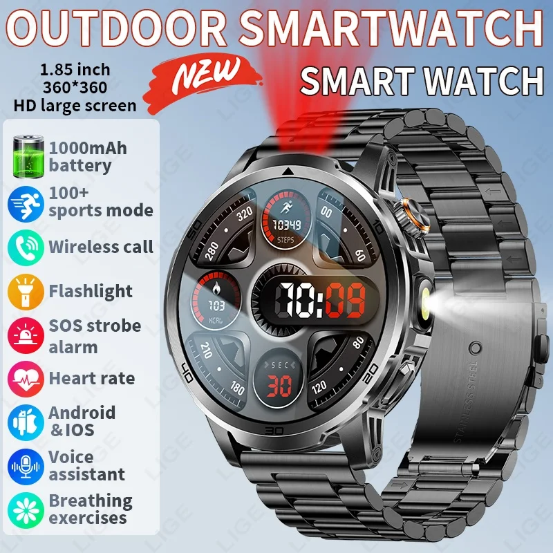 LIGE Outdoor Flashlight 1000mAh Large Capacity Battery Bluetooth Call New Smart Watch Men Waterproof Sport Fitness Smartwatch