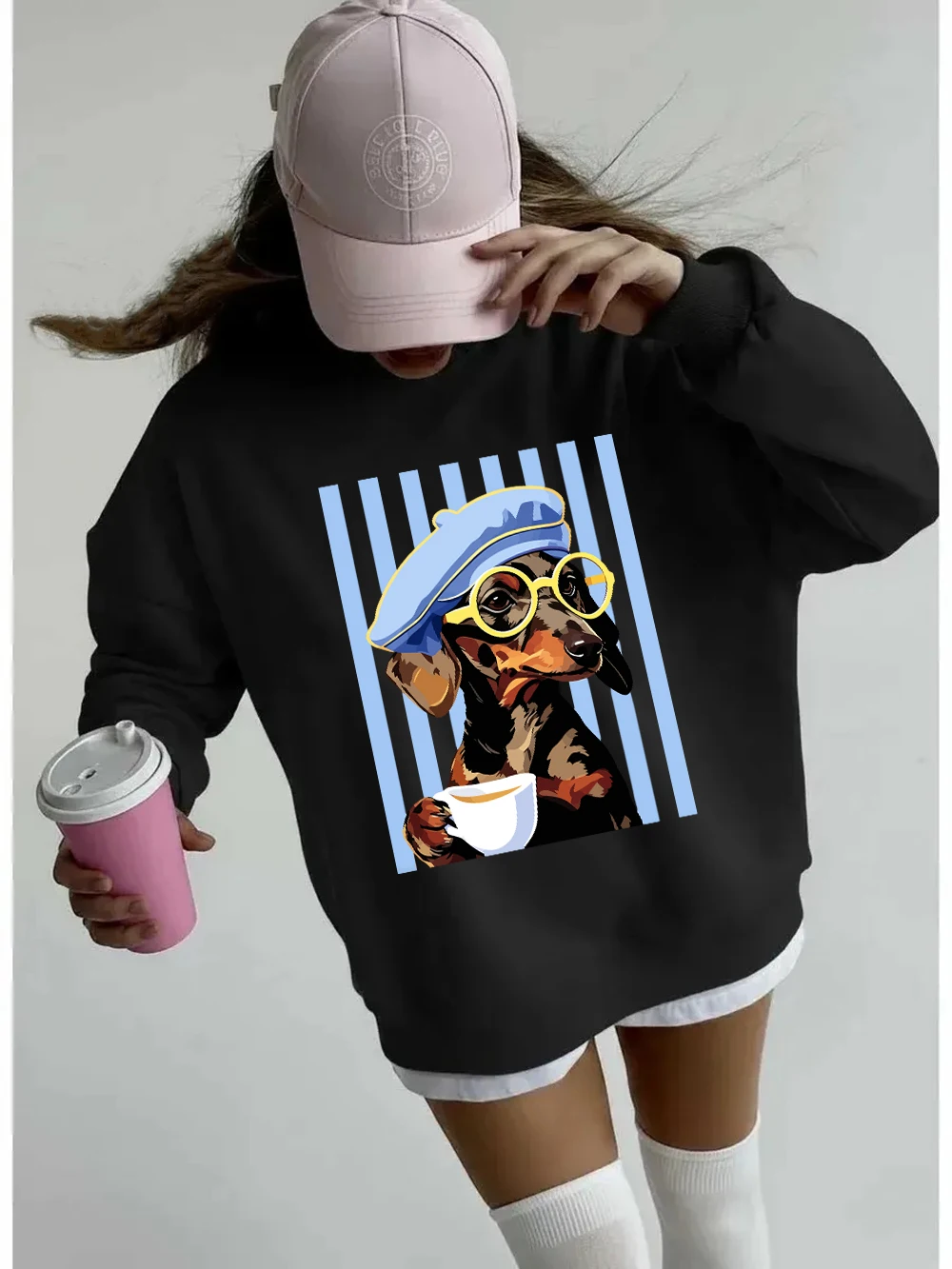 Dackel-Illustrationsdrucke, Sweatshirts für Damen, Winter-Fleece, warme Kapuzenpullover, Rundhalsausschnitt, lockere Oberteile, Basics, sportliche Damenbekleidung – Detail 21