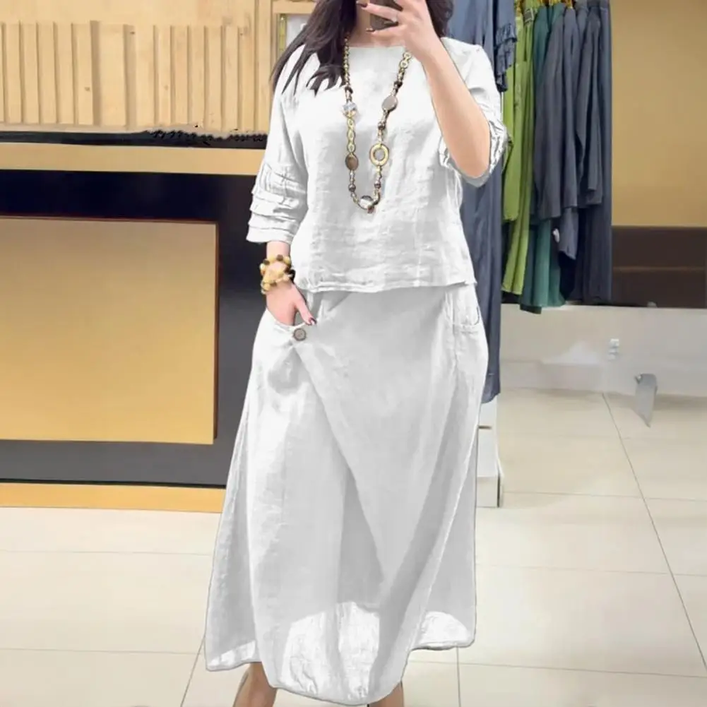 

Fashionable O-neck Bell Sleeve Top + Skirt For Women Spring Summer Solid Color Pocket Lace Up Loose Casual Irregular Suit Female