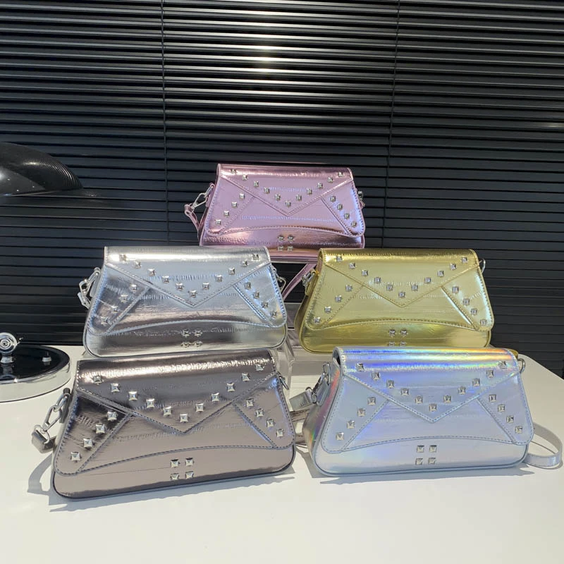 

Popular Design Rivet Handbag Women Fashion Punk Motorcycle Style Small Square Bag Patent Leather Single Shoulder Crossbody Bag