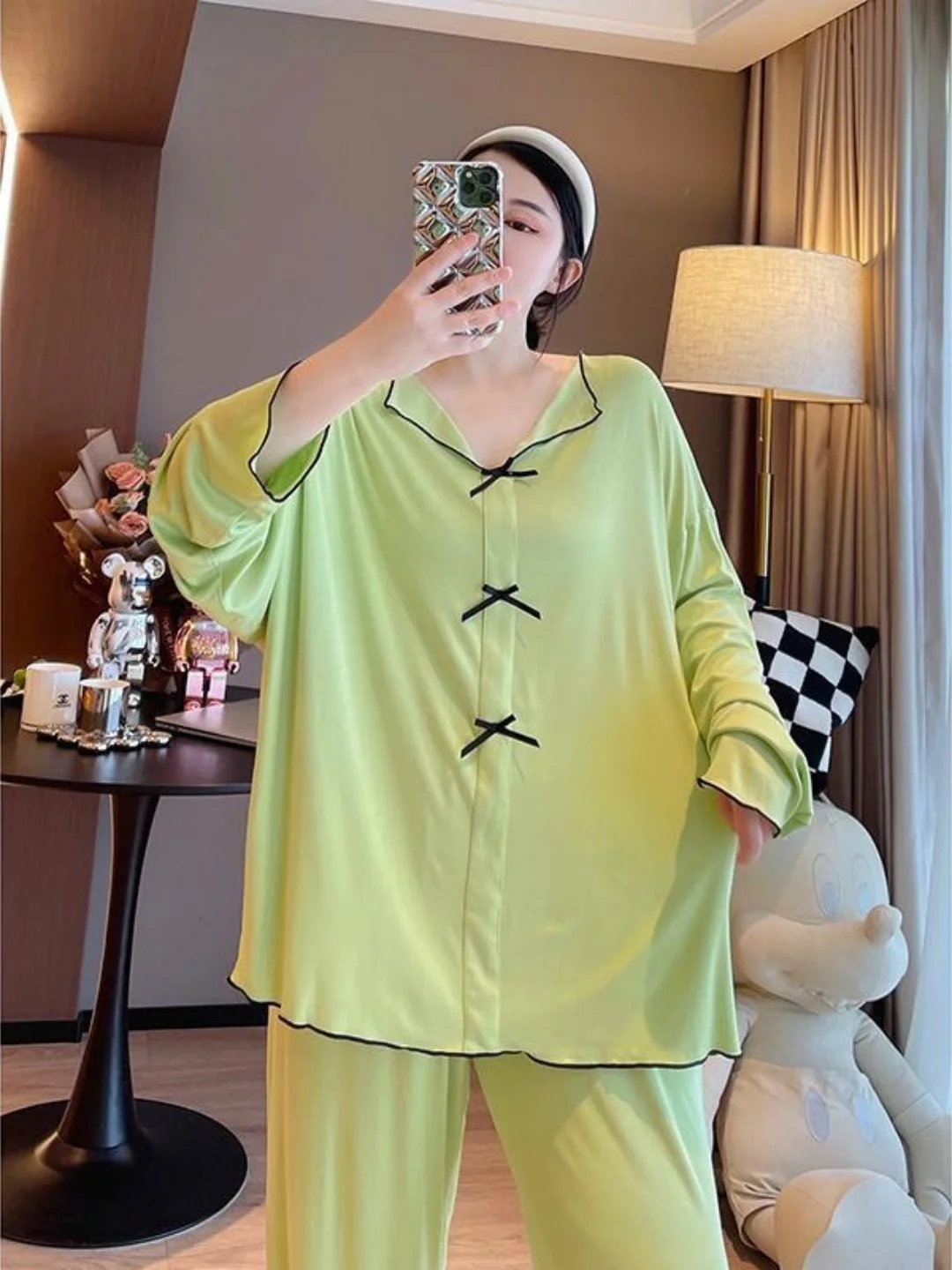 Large Size 300 Pounds Autumn Winter Fashion Collar  Knot Splice Long Sleeve Long Pants Two Piece Set Sleepwear Home ...