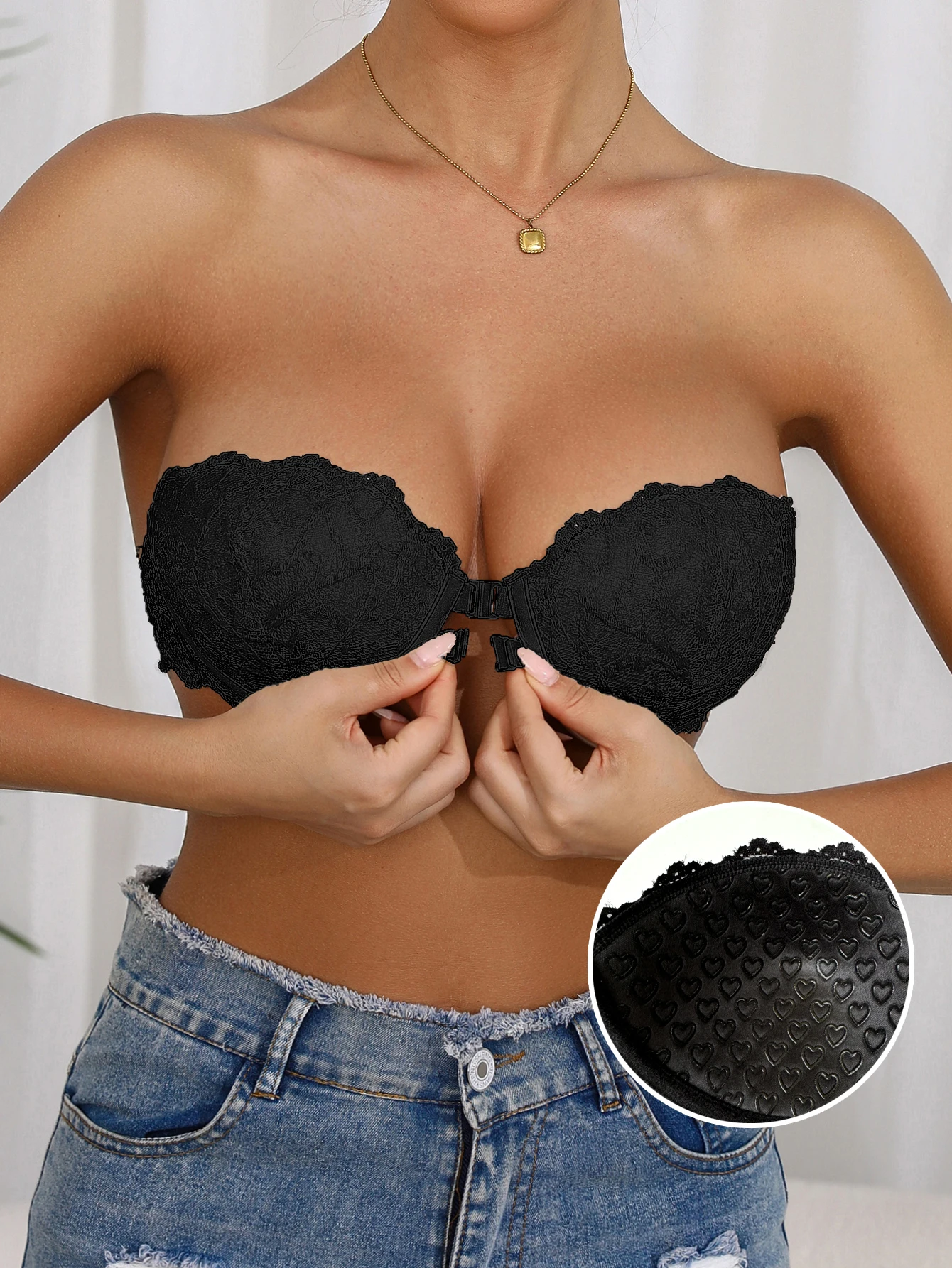 Women's Front-Closure Solid Color Sexy Lace Bra Strapless Invisible Non-Slip Bandeau Sexy Tube Top Short Underwear Top