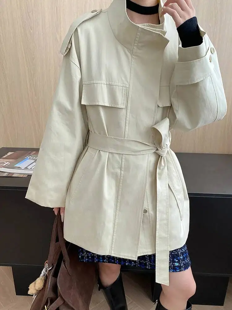 

Women Gray Green Big Size Elegant Trench New Stand Collar Long Sleeve Windbreaker Fashion Tide Spring Autumn