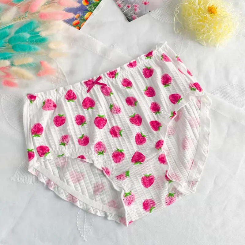 Sweet Printed  Pure Cotton Female Lingerie Mid High Waist Ruffled Seamless Breathable Underpants Sissy Fashion Large Size Briefs
