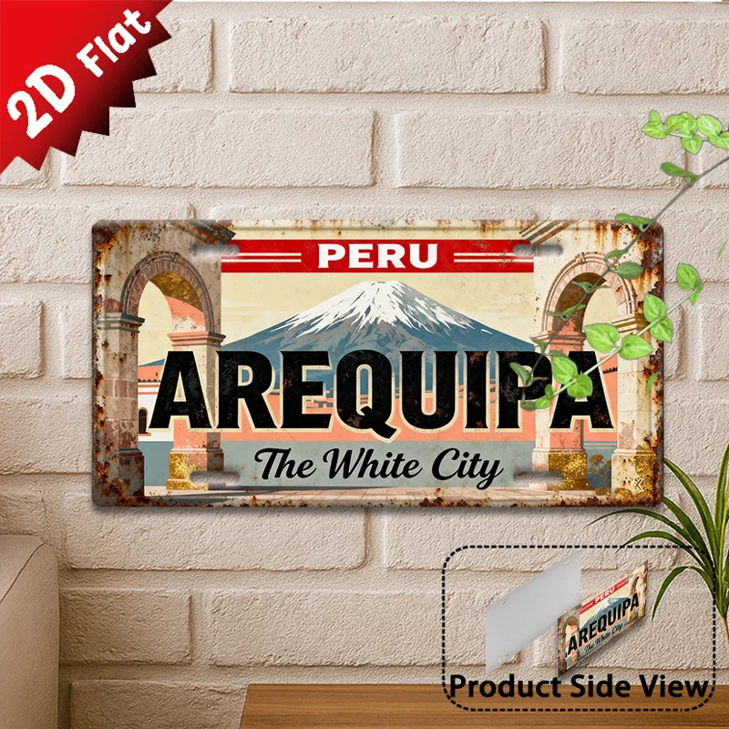 2D flaches, 1-teiliges Aluminiumschild „Arequipa Peru“ – Vintage-Wandschild mit südamerikanischem Stadtmotiv, für den Außenbereich/dekorativ geeignet