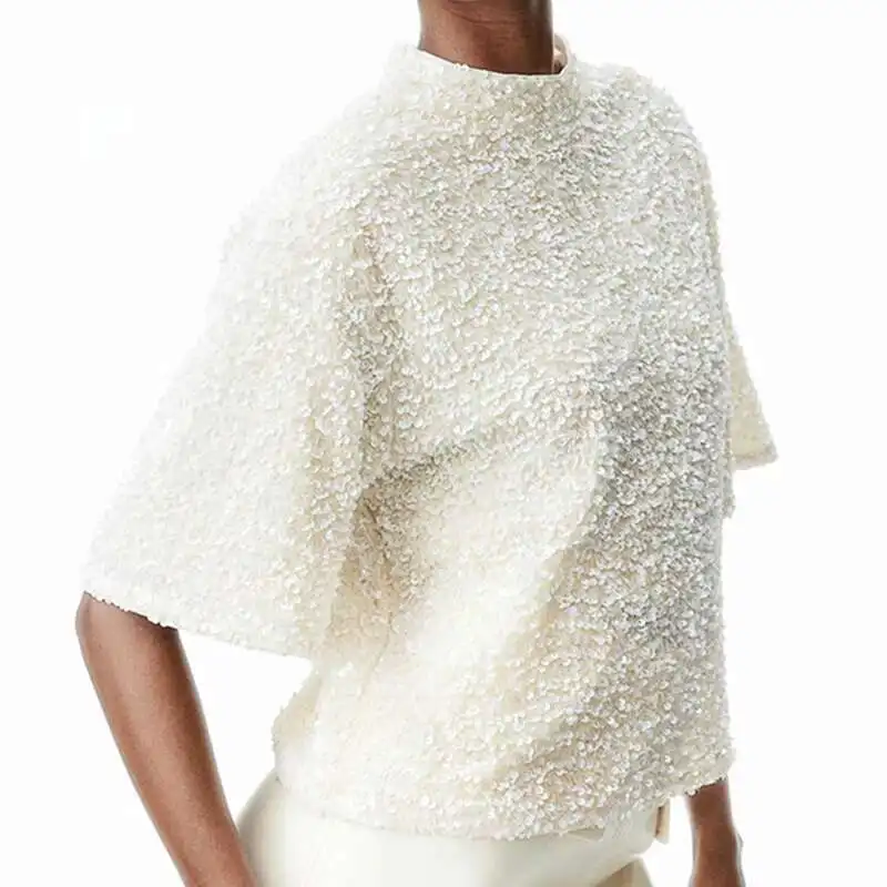 Spring Summer O-Neck Short Sleeved Women's Pullover 2025 Veet Sequin Solid Color Club Party Shirt Elegant Loose Commuting Top
