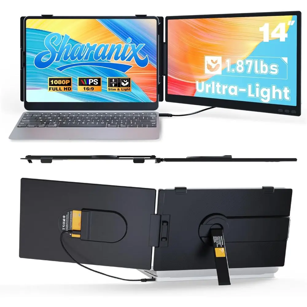 Ultra-Portable 14 HD 1080P IPS Dual Screen Laptop Extender with USB-C/HDMI for 13-17 Laptops, Compatible with Windows, Android,