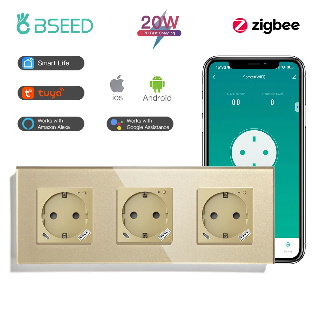 BSEED Single ZigBee Energy Monitor Wandsteckdosen Doppelte Smart Meter Steckdosen Google Smart Life App Steuerung Alexa Triple Steckdosen EU 9