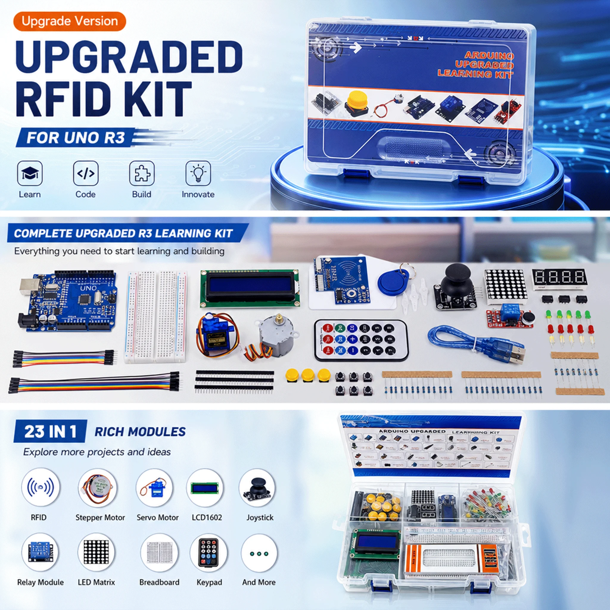 Upgrade Version RFID Kit for UNO R3 Improving Board Programming Educational Kit with Internet Stepper Motor for Creator Learning
