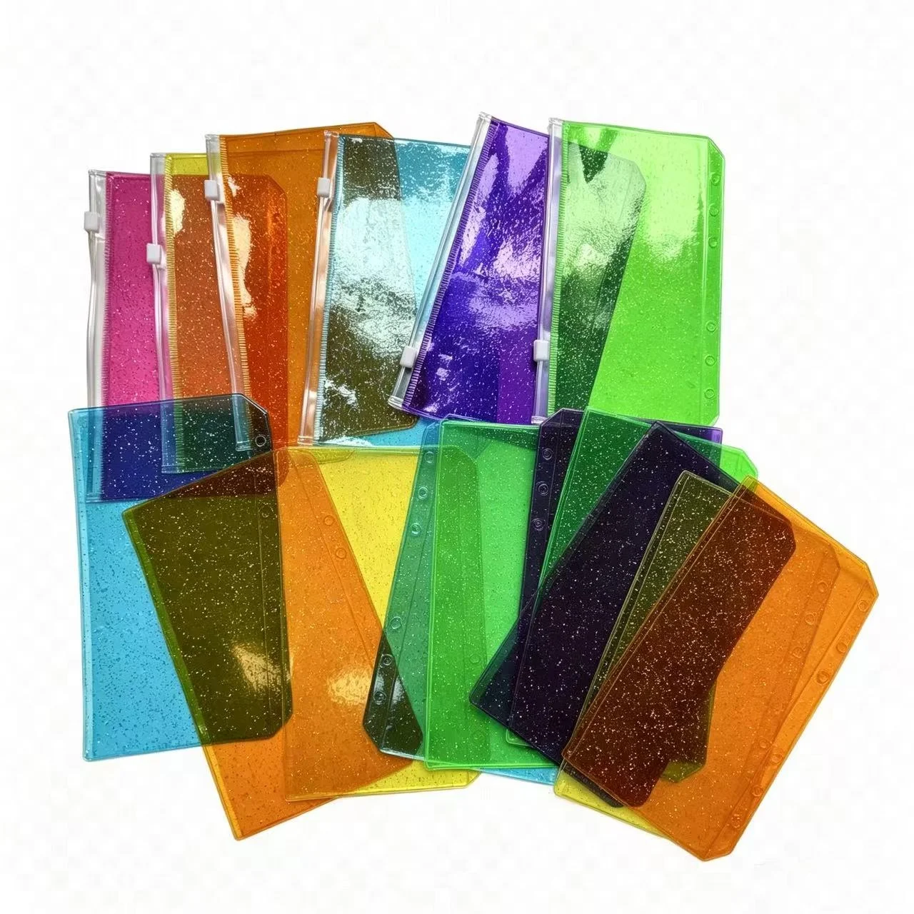 A6 Colorful Flat Glitter Binder Pockets Binder Zipper Folders For 6-ring Notebook Binder Waterproof Pvc Leaf Document Filing Bag