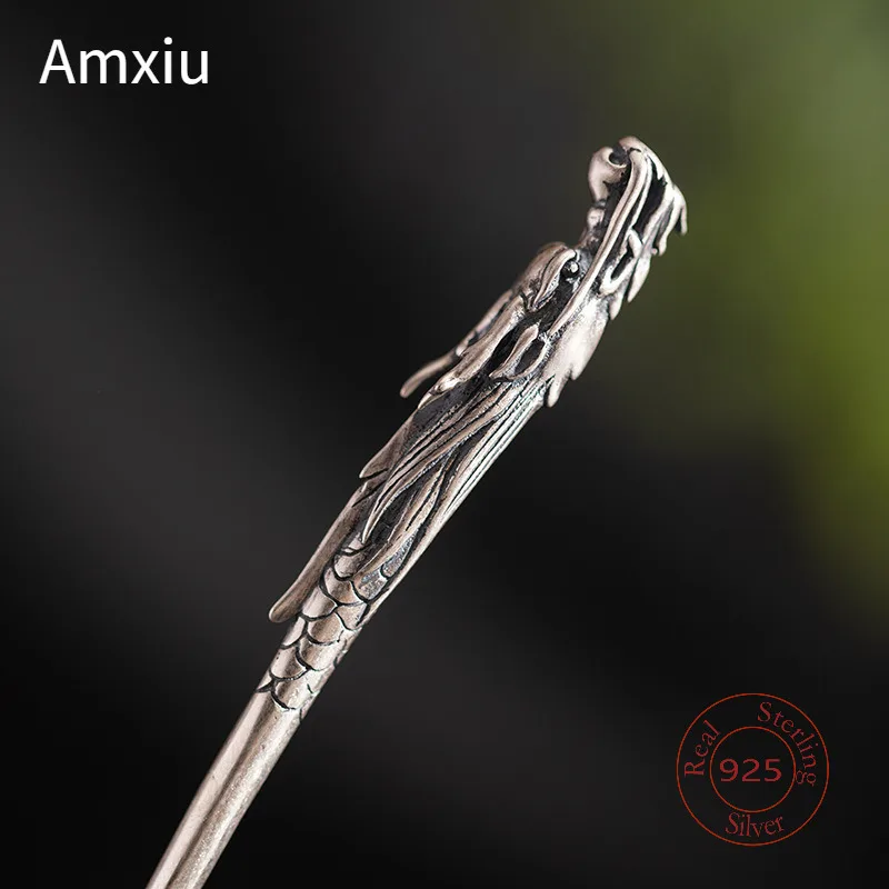 Amxiu Sterling Silver Ethnic Style Tai Silver Old Dragon Head Hairpin Ancient Style Hanfu Pan Hair Hairpin Head Jewelry