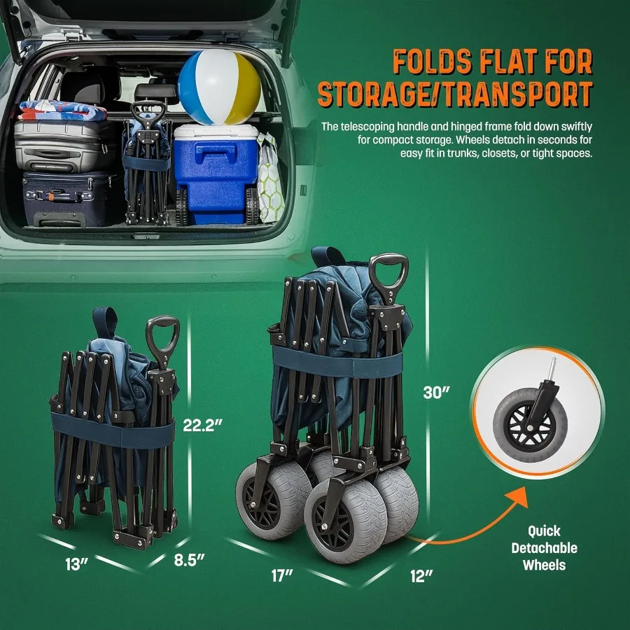 عربة شاطئ قابلة للطي مع عجلات كبيرة لجميع التضاريس للاستخدام على الطرق الوعرة، مسارات تخييم الحصى الرملي، عربة أدوات كبيرة جدًا مع 9 ثقيلة
