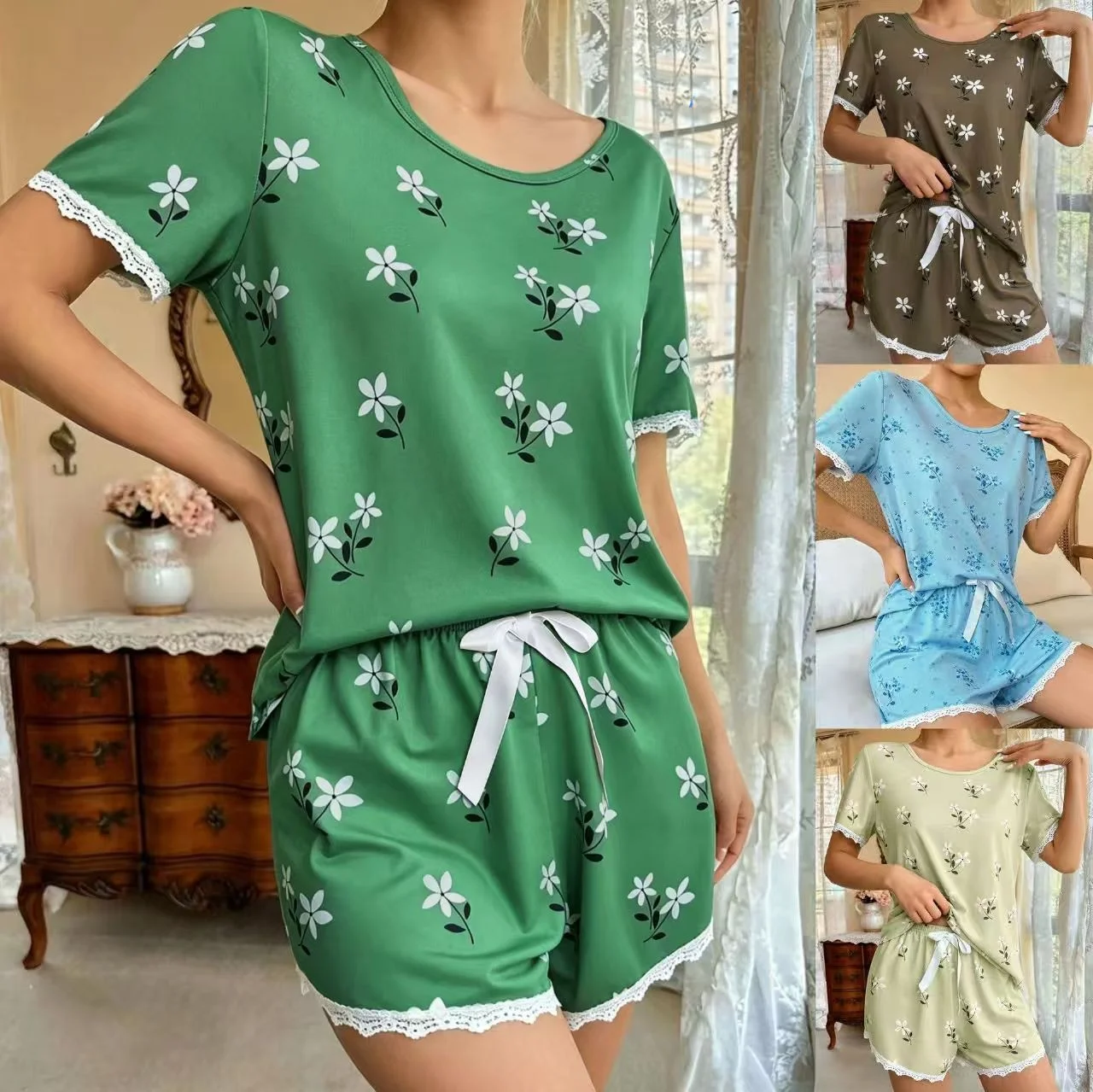 

New round Neck Short Sleeve Printed Lace Top And Shorts Set Home Clothes Summer Comfortable Breathable Home Fashion Set
