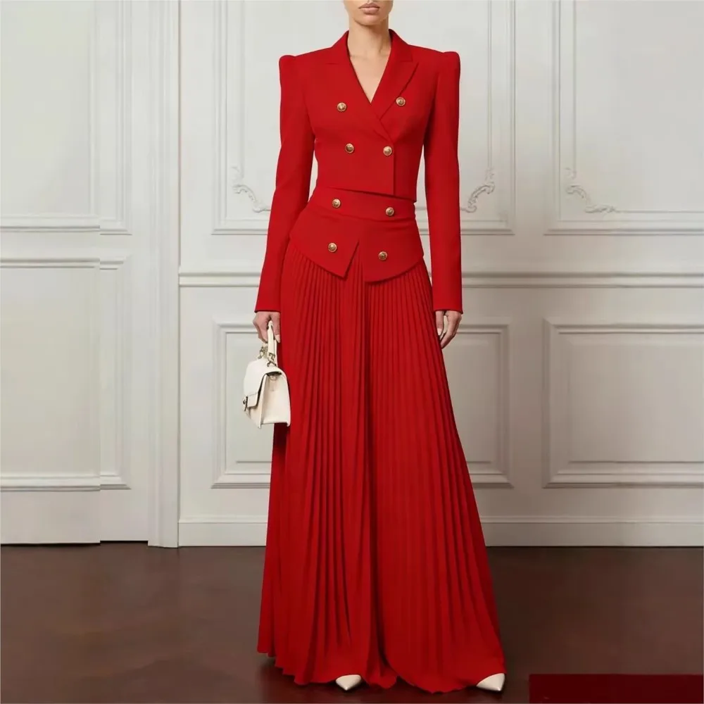Elegant Women's Solid Pleated Long Skirts Two Piece Sets Spring Autumn Lapel Button Long Sleeve Blazer Coat And Long Skirt Sets