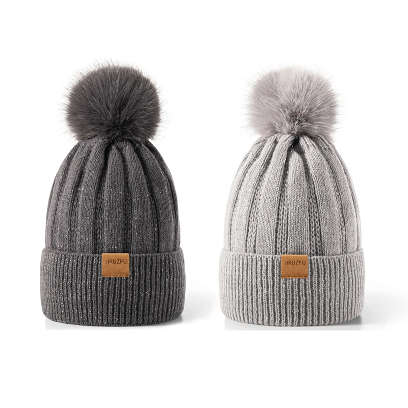 Женская зимняя вязаная шапка-бини с помпоном из искусственного меха, теплая вязаная шапка, супермягкая шапка для холодной погоды