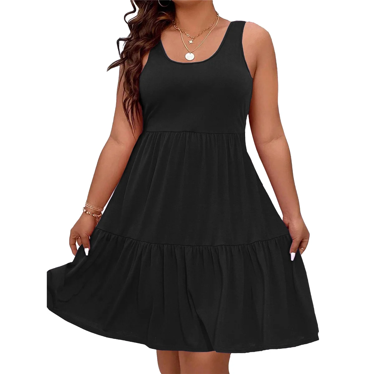 

Women Oversized Cold Shoulder Soild Sleeveless Sundresses Ruffle Hem Tiered Short Dresses Black XXXL