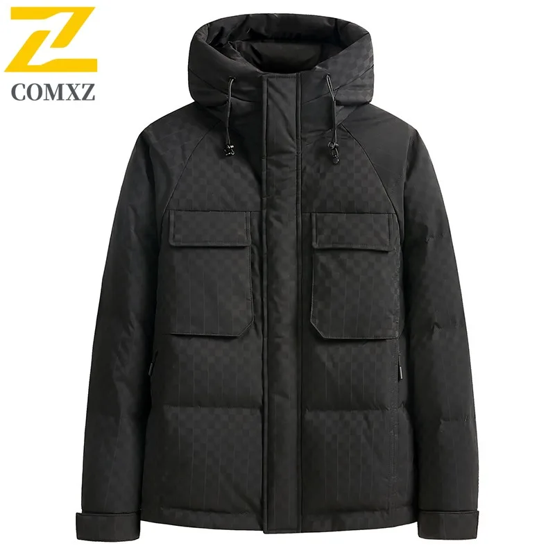 COMXZ Men Puffer Coat Leisure Hooded Outdoor Snow Skiing Windproof Warm Parka Lattice Design Travel Cold Protection Winter Coat
