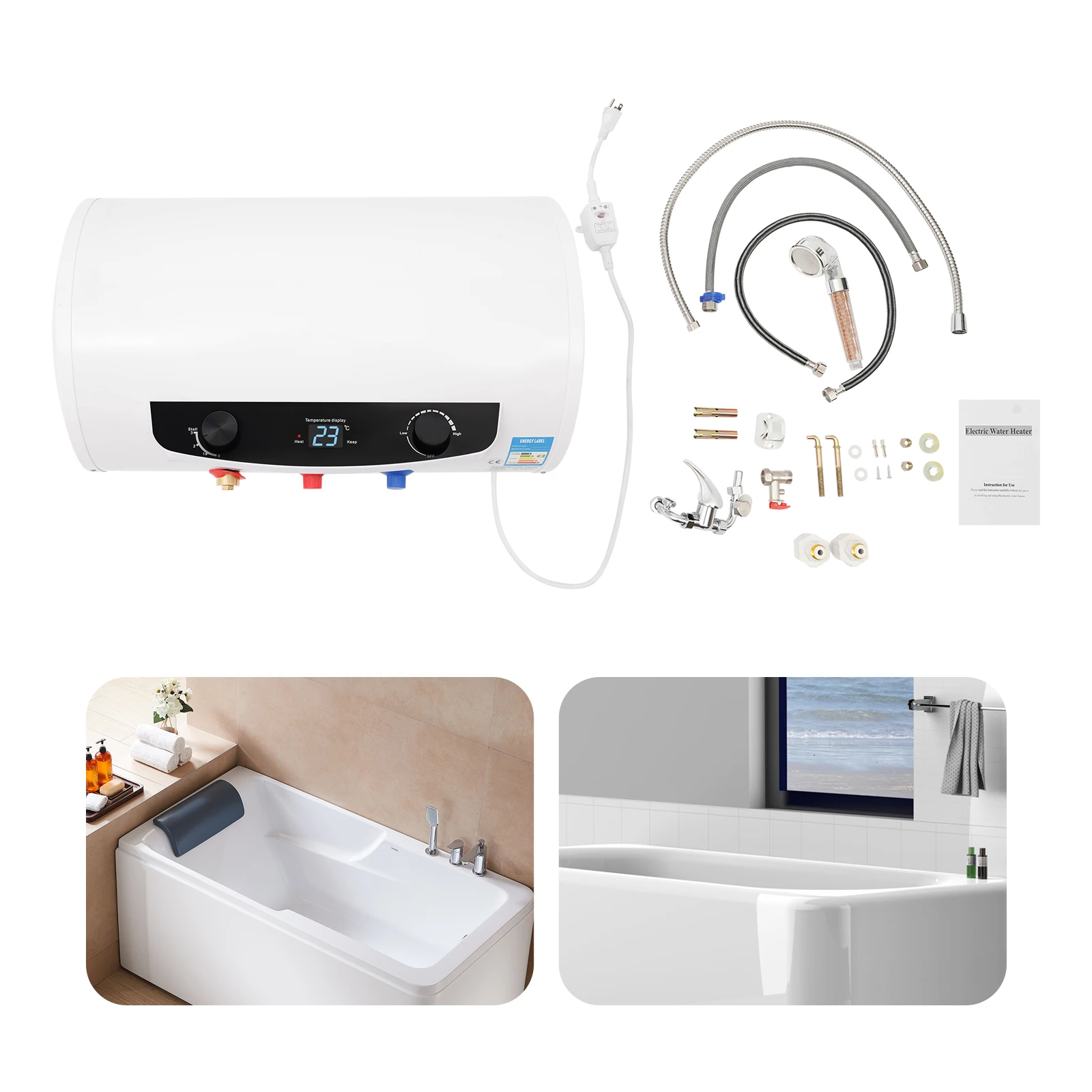 Aquecedor de água elétrico de 1500 W, aquecedor de água montado na parede de 110 V com tanque de 10 galões, IPX4 à prova d'água, com cabeça de chuveiro e torneira (50L)