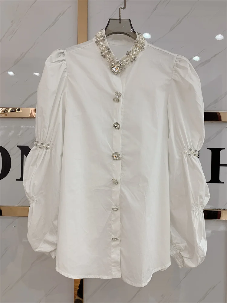 Luxury Heavy Exquisite Diamonds Beaded Stitch Mid-Length Cotton Shirts and Blouses For Women 2024 New Long Sleeve Top Blusas