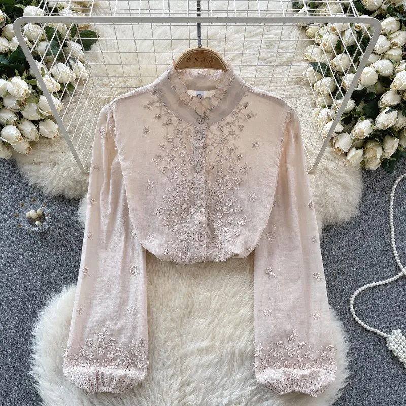

Bohemia Vintage Women Clothing Blusas Mujer Stand Neck Fungus Edge Single-breasted Shirts Embroidery Flower Chic Sweet Blouses