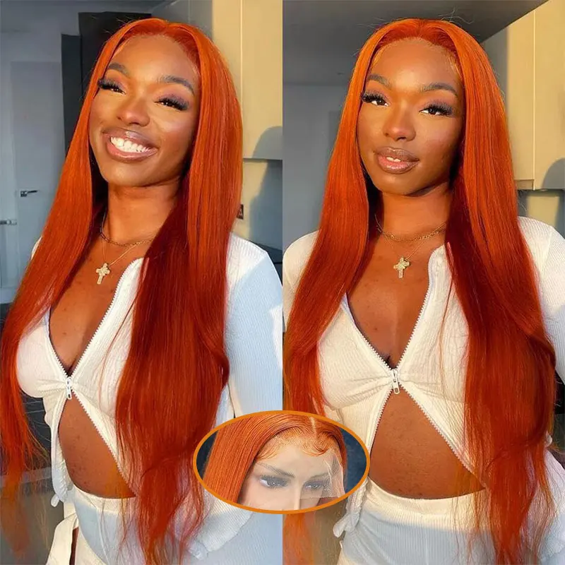 

Straight Orange Ginger Lace Front Wigs Human Hair 350 Colored Brazilian 13X4 HD Transparent Lace Frontal Wigs 200% Density