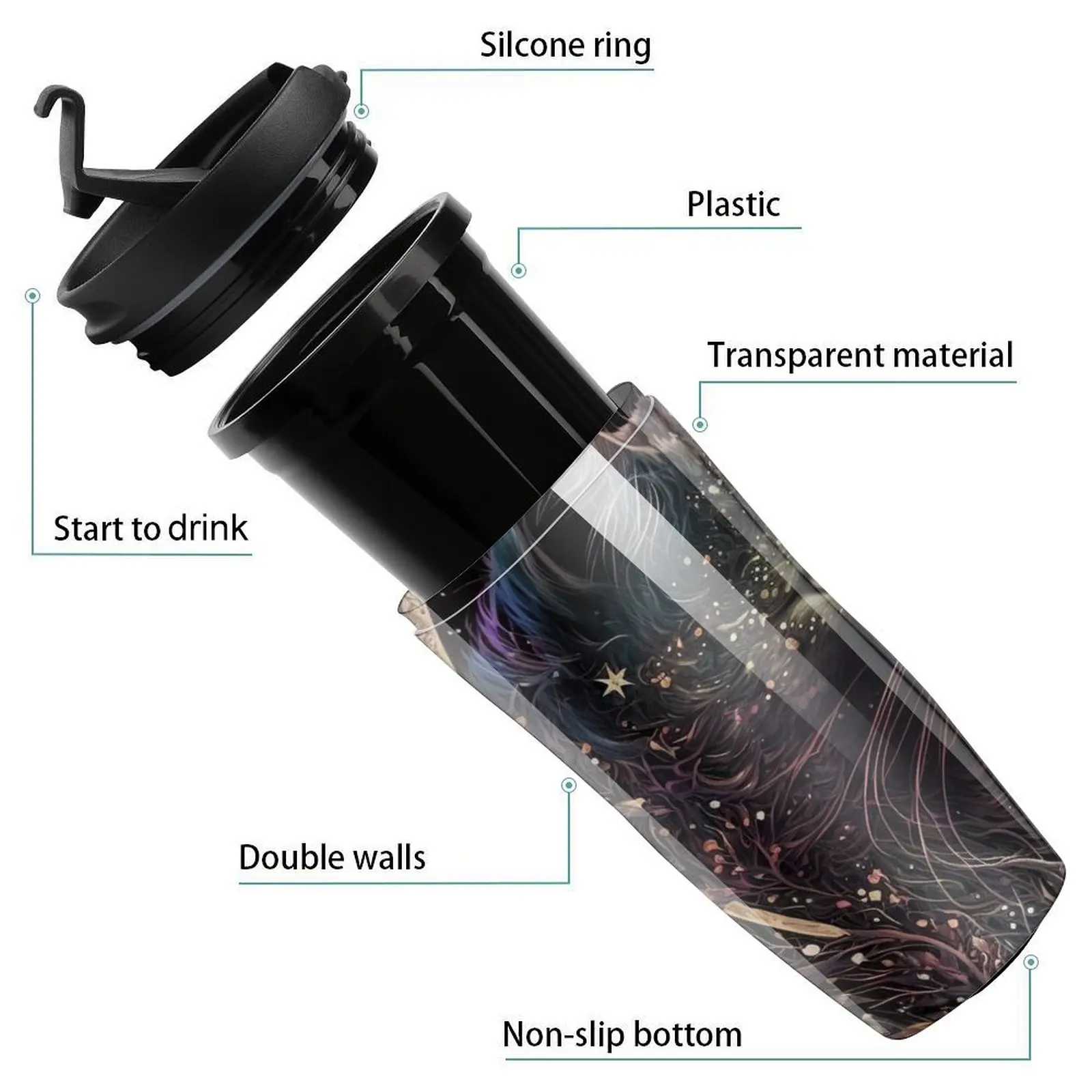 Mystical Cat Coffee Mug to Go Moon and Flowers Travel Sublimation Water Bottle Leakproof Hot Drinks 350ml Plastic Cup