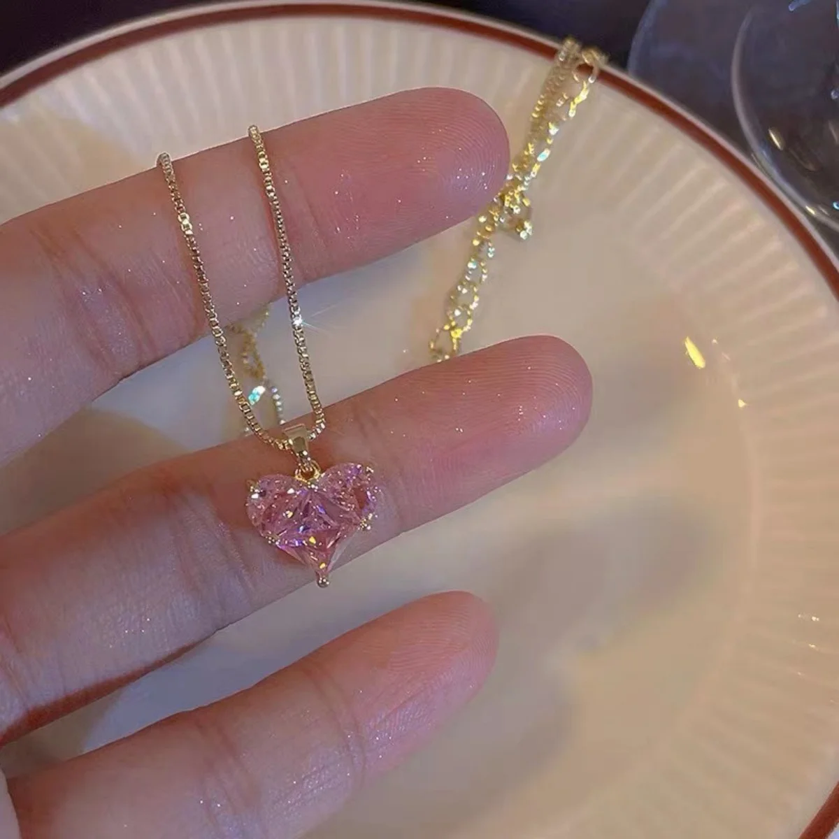 3pcs Trendy Y2k Heart-shaped Zircon Pink Crystal Pendant Earrings Necklaces Set for Women Heart Elegant Exquisite Party Jewelr image 6