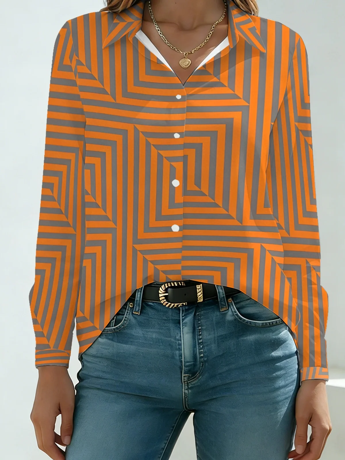 Modern Line Geometric Womens Collared Shirt Grey Orange Concentric Square Allover Print Long Sleeve Gentle Minimalist Dating Blo