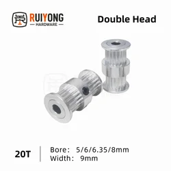 3D 프린터용 타이밍 도르래 GT2 도르래 타입 더블 헤드 알루미늄, 20 톱니 보어, 5mm, 6mm, 6.35mm, 8mm 폭, 9 mm