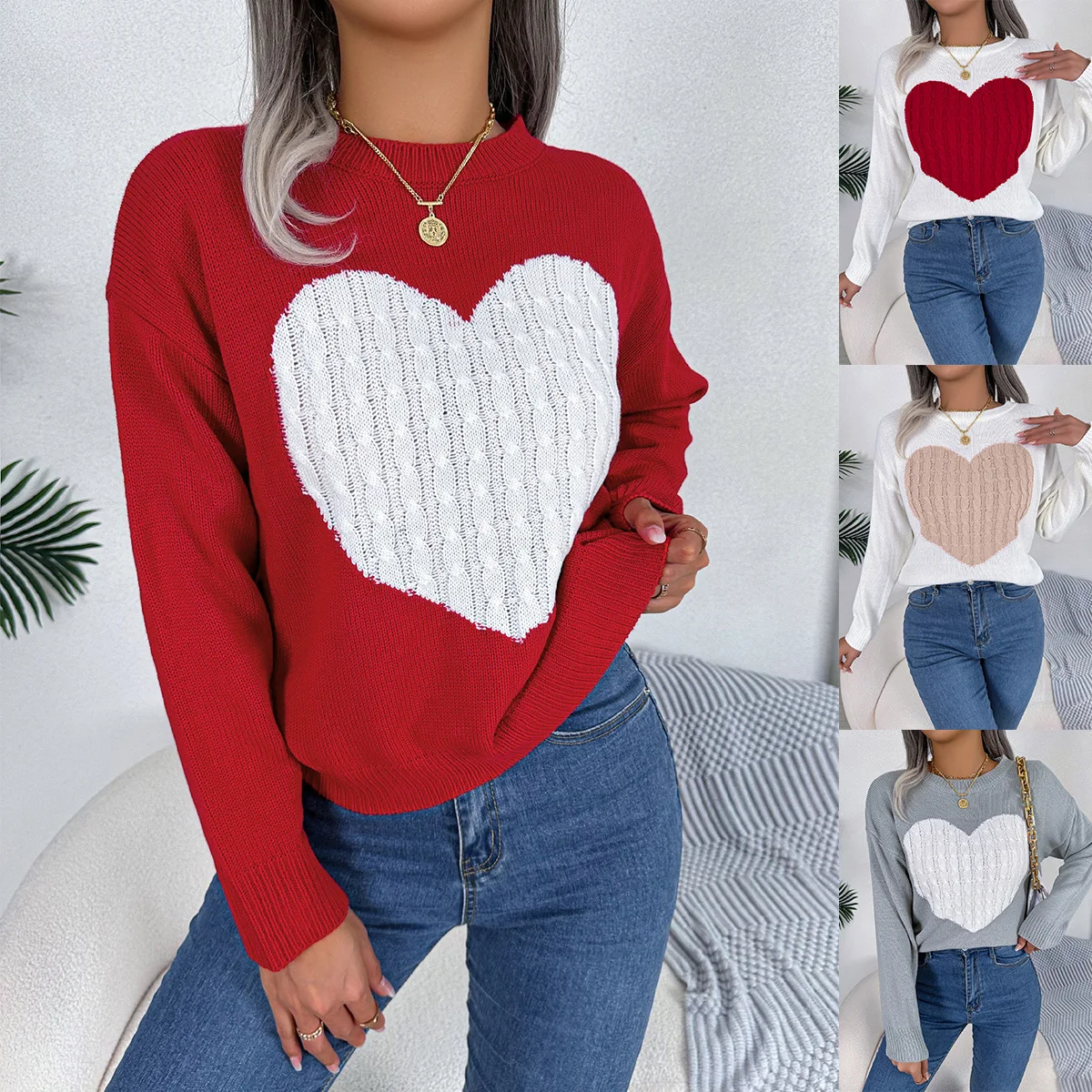 

Autumn Winter Long Sleeve Overhead Knitted Sweater Heart Shape Design Valentine's Day Women's Fashion Clothing