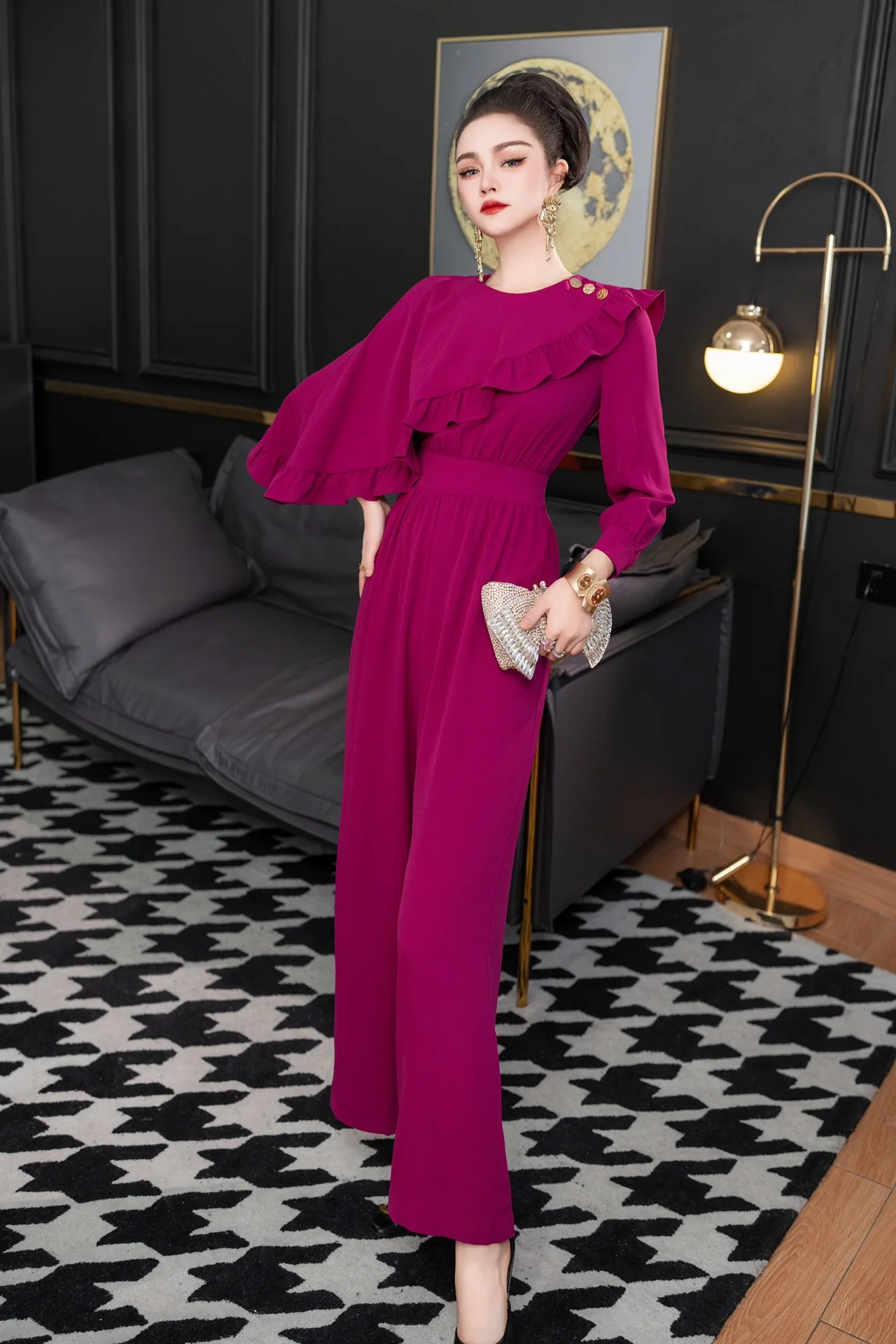 ZJYT Spring Elegant Jumpsuits Womens Rompers Long Sleeve Irregular Ruffles Pants Office Lady Party Jumpsuit Overalls 2025 New