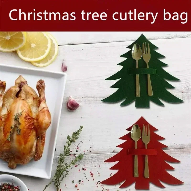 Christmas Tree Cutlery Holders Red Green Festive Knife Fork Pouches For Holiday Dinner Table Setting Xmas Party Dining Decor