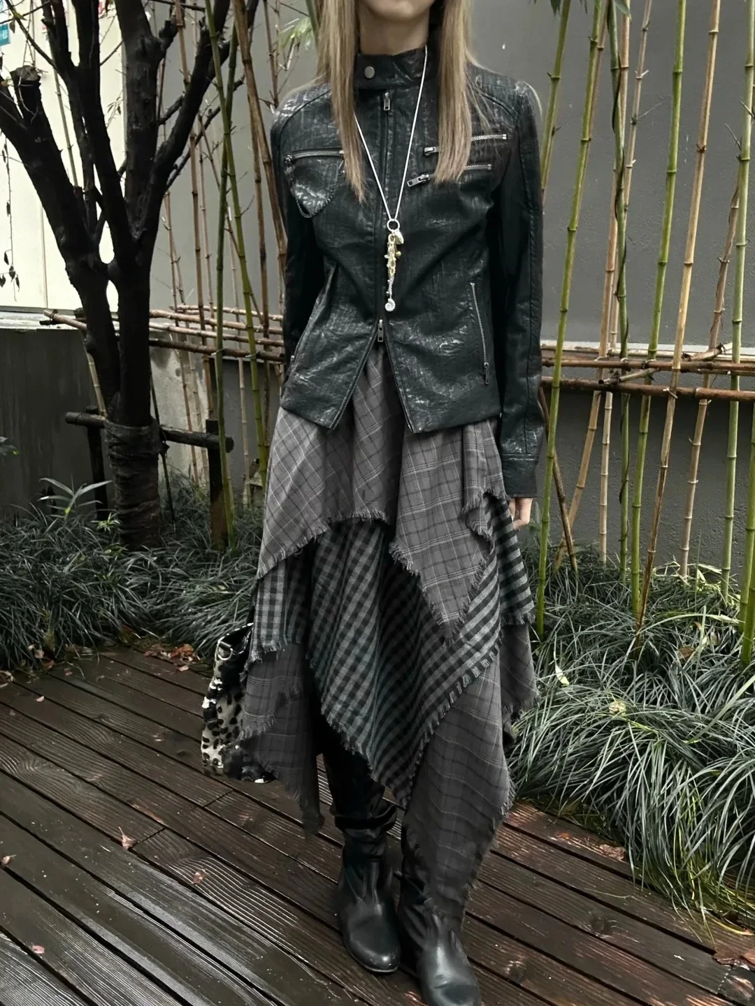 IMU Grey Plaid Asymmetric Designer Multi Layers Patchwork Mid Long A-line Skirt Raw Edge Punk Gothic Vintage Korea Women Long Sk