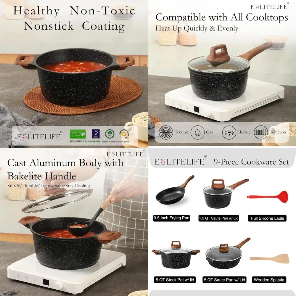 

Набор посуды с антипригарным покрытием из 9 предметов, черный, подходит для всех плит, без PFOA