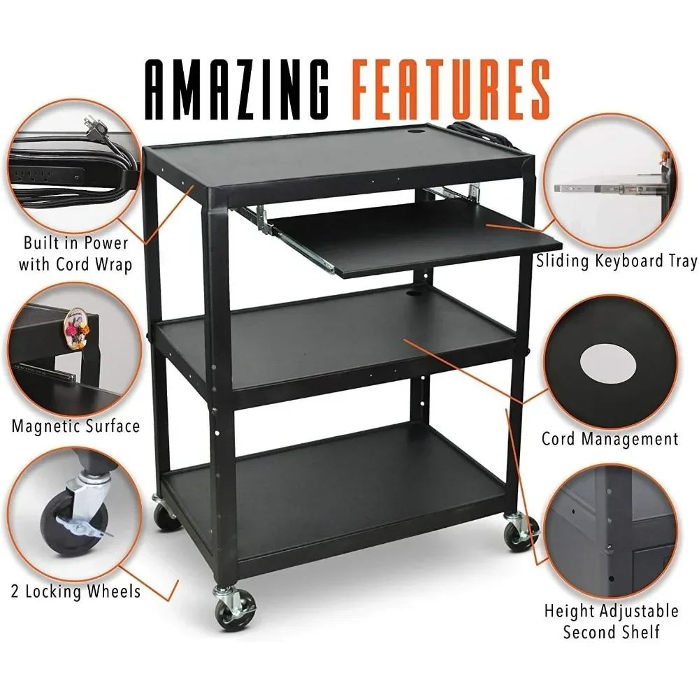 Rolling AV Cart - Adjustable Shelf Height Computer Stand Workstation, Includes Pullout Keyboard Tray,  Carts with Lockable Wheel