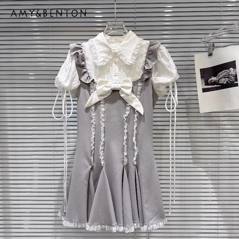 

Korean Design Sweet Beautiful Women's Shirt Dress 2026 Summer New Lace Splicing Fake Two-piece Bow Bubble Sleeve Dresses Ladies
